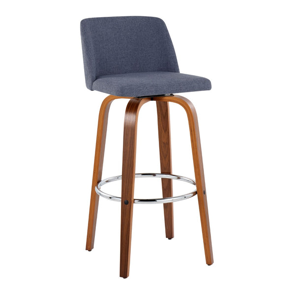 English Elm Toriano 30" Mid-Century Modern Barstool Set Of 2: Stylish Blue Fabric & Walnut Wood With Chrome Footrest B202S00673-GIGA