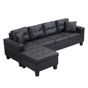English Elm Sectional Faux Leather L Shape Sofa with Reversible Chaise and Cup Holder Modern W311S00062
