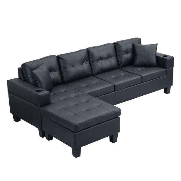 English Elm Sectional Faux Leather L Shape Sofa with Reversible Chaise and Cup Holder Modern W311S00062