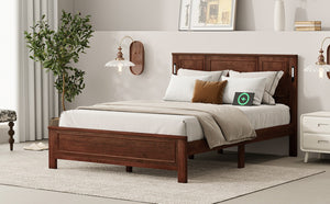 English Elm Queen Pinewood Platform Bed Farmhouse Tall Panel Headboard with Led Lighting and Usb Ports Walnut W504P391092