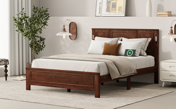 English Elm Queen Pinewood Platform Bed Farmhouse Tall Panel Headboard with Led Lighting and Usb Ports Walnut W504P391092