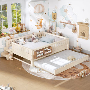 English Elm Queen Bunk Bed with Trundle Solid Pine Kids Car Themed Frame Built-in Bookshelf Beige W1580S00562