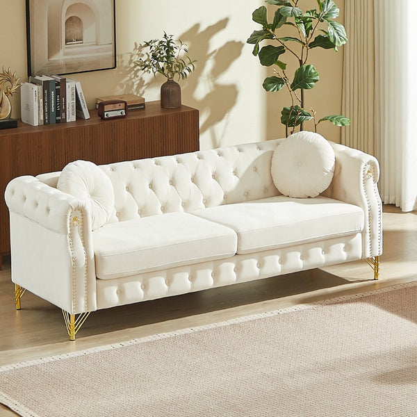 English Elm 82-inch Velvet Chesterfield Sofa Tufted Button Back with Copper Studs and Gold Metal Legs Beige W834S00617