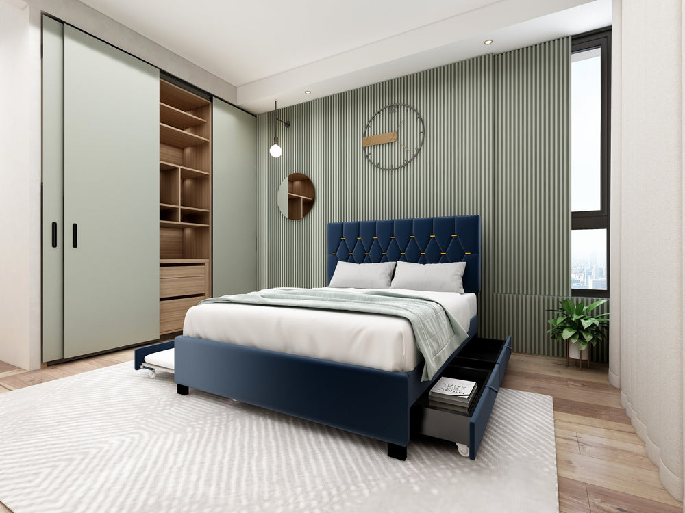 English Elm MODERN Velvet Queen Bed with Twin Trundle, 2 Storage Drawers, Gold Button Accents, 600lb Capacity Blue W1867S00013