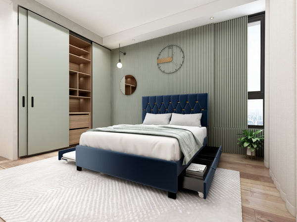 English Elm MODERN Velvet Queen Bed with Twin Trundle, 2 Storage Drawers, Gold Button Accents, 600lb Capacity Blue W1867S00013