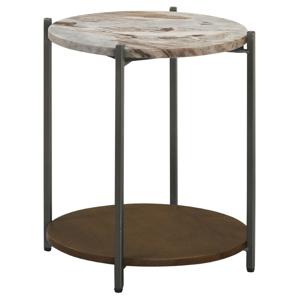 English Elm Bleskin Round Marble Top Side Table with Mango Wood Shelf and Gunmetal X Base B062P447941