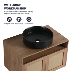 English Elm 30" Modern Wall-Mounted Bathroom Vanity With Black Ceramic Sink, Soft-Close Doors, Oak Finish W999S00398