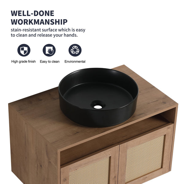 English Elm 30" Modern Wall-Mounted Bathroom Vanity With Black Ceramic Sink, Soft-Close Doors, Oak Finish W999S00398