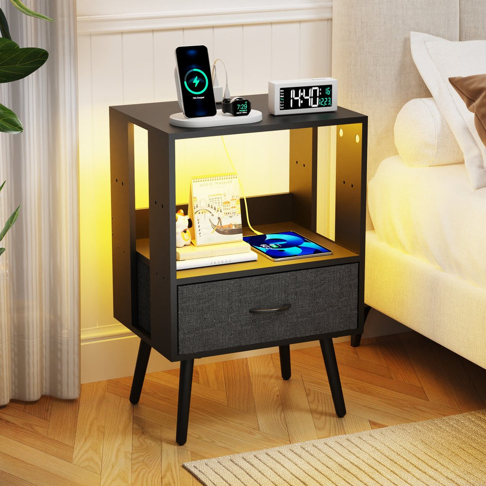 English Elm 2 Pack Modern Nightstands With Led Lighting & Charging Station - Stylish Fabric Drawers Included W1550P272495
