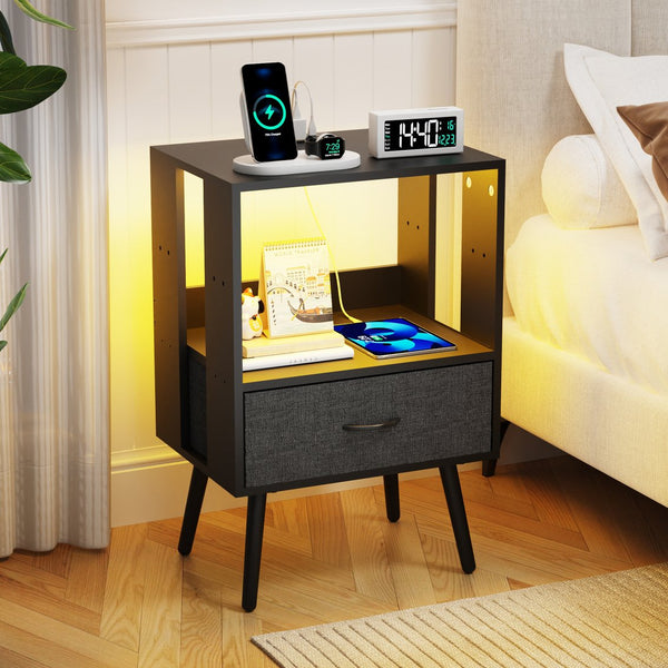 English Elm 2 Pack Modern Nightstands With Led Lighting & Charging Station - Stylish Fabric Drawers Included W1550P272495