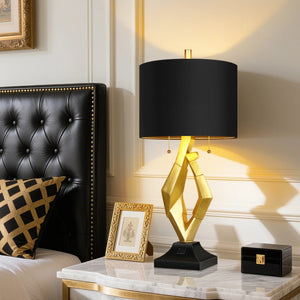 English Elm 25.5in Gold Resin Sculptural Bedside Lamp Set with Black Linen Shades and Usb Ports W3355P440837