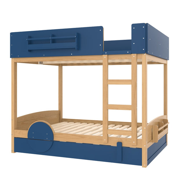 English Elm Full Bunk Bed with Trundle Bookshelf Storage Pine Frame Car Design for Kids Blue,Natural W1580S00445
