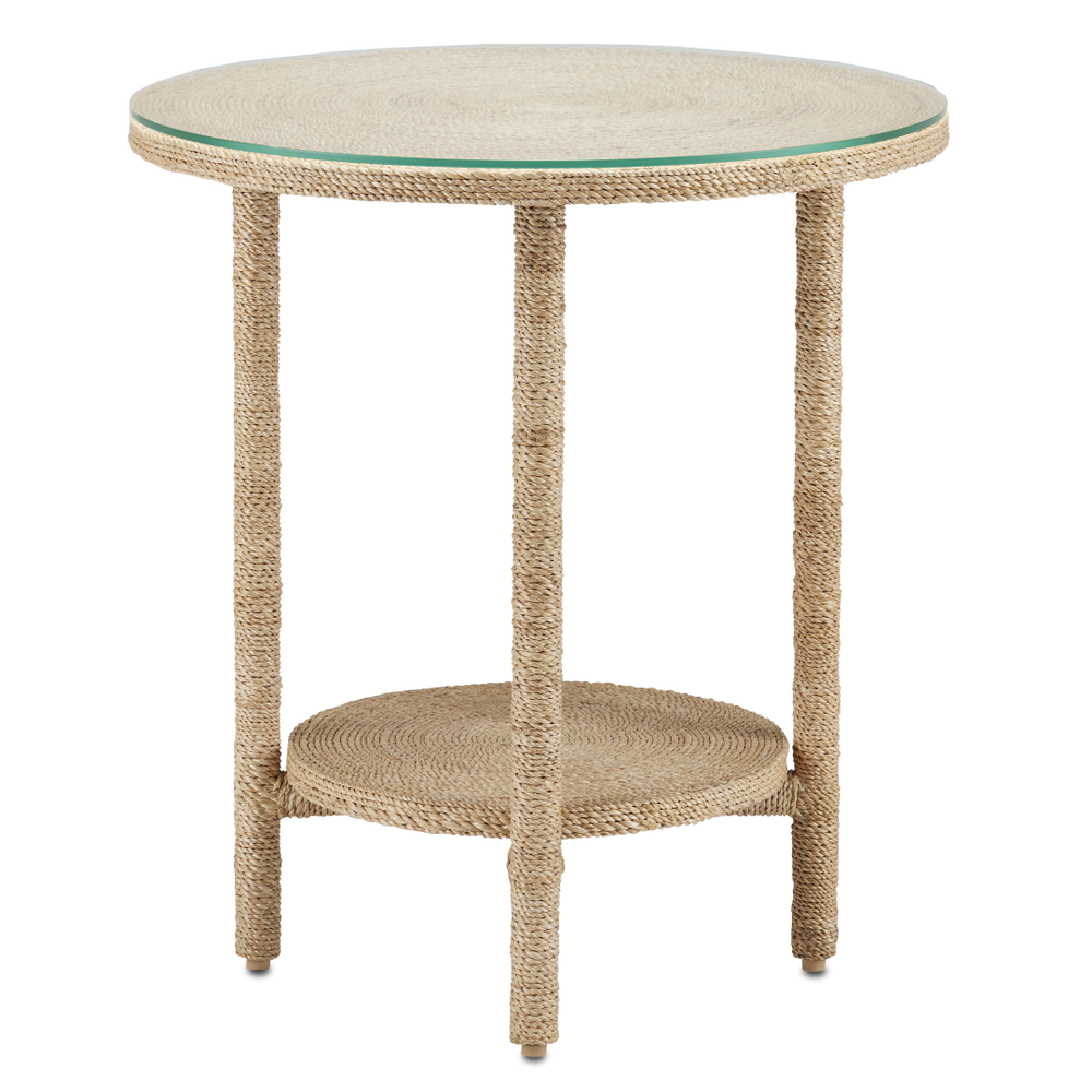 Limay Coastal Rope Accent Table with Glass Top - Handcrafted Wrought Iron & Natural Abaca Design