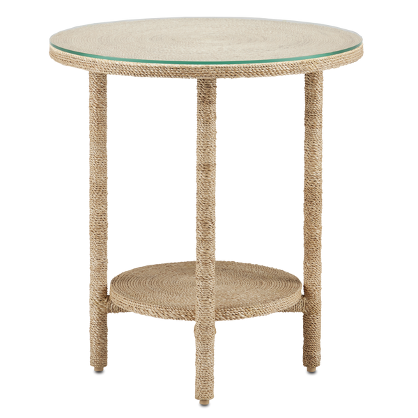 Limay Coastal Rope Accent Table with Glass Top - Handcrafted Wrought Iron & Natural Abaca Design