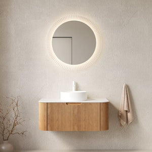 English Elm Dina Floating Bathroom Vanity Sintered Stone Top Glass Basin Striped Plywood Cabinet W2615S00438
