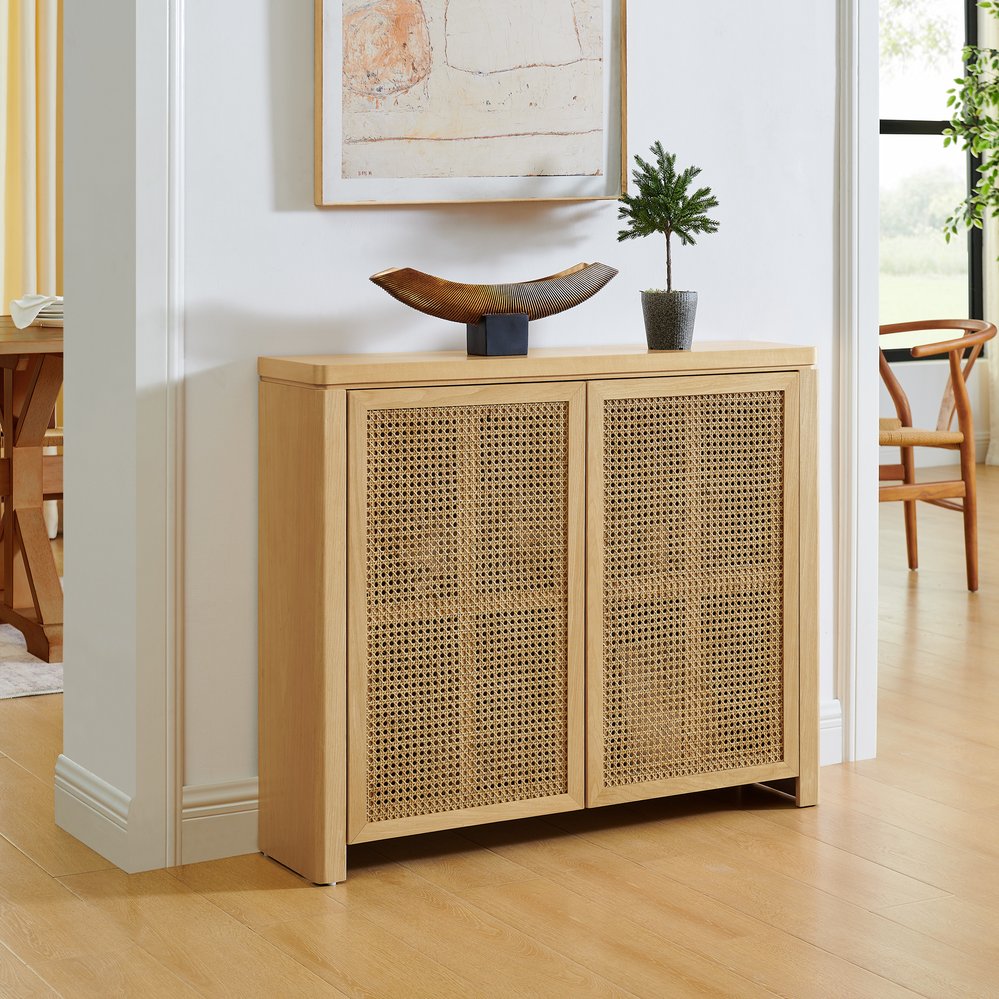 English Elm 39.4" Mid Century Modern Rattan Sideboard Buffet Cabinet with Pop-Up Doors, Charging Holes, Stylish Storage Natural W1801P362143
