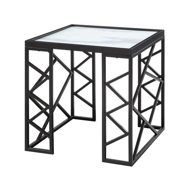 English Elm Occasional Astral 3pc Table Set - White Marble Tempered Glass Tops with Black Metal Geometric Frame B011P297568