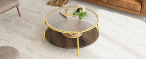 English Elm Modern 47.2" Rectangular Coffee Table with Sleek Black Top, Gold Metal Base and Four Drawers for Stylish Storage and Durable Contemporary Living Room Furniture Gold+Glass,Walnut N735P350390D