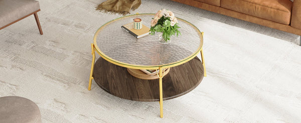 English Elm Modern 47.2" Rectangular Coffee Table with Sleek Black Top, Gold Metal Base and Four Drawers for Stylish Storage and Durable Contemporary Living Room Furniture Gold+Glass,Walnut N735P350390D