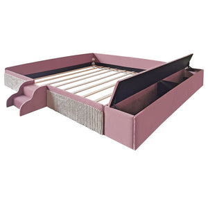 English Elm King Velvet Kids Platform Bed with Padded Guardrails Staircase and Storage Ottoman Pink+White SF000204AAH