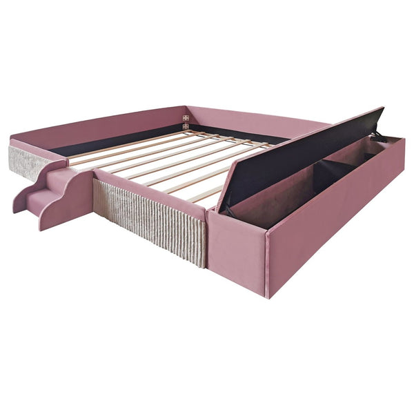 English Elm King Velvet Kids Platform Bed with Padded Guardrails Staircase and Storage Ottoman Pink+White SF000204AAH