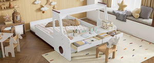 English Elm Full Size Car Shaped Kids Platform Bed with Storage Drawers Integrated Desk Pine Wood Light White W1580S00490
