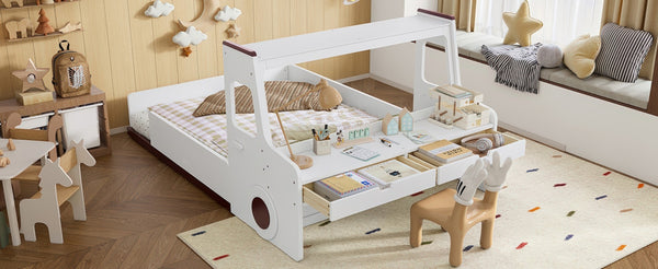 English Elm Full Size Car Shaped Kids Platform Bed with Storage Drawers Integrated Desk Pine Wood Light White W1580S00490