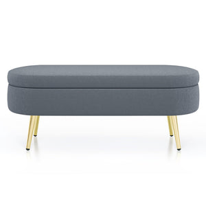 English Elm Ottoman Oval Flannel Storage Bench with Matte Metal Legs for Bedroom or Living Room Dark Gray W487P438628