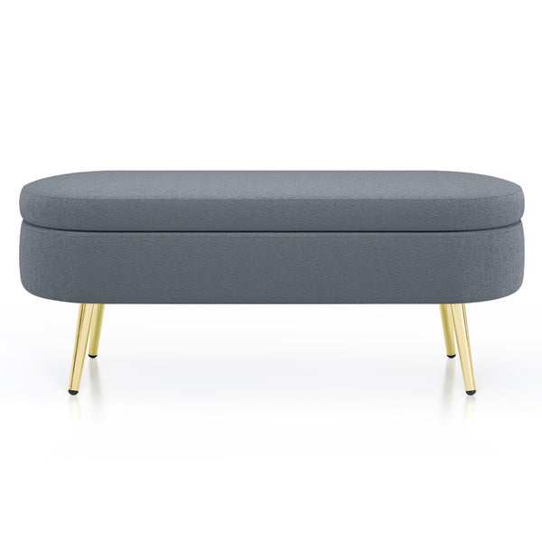 English Elm Ottoman Oval Flannel Storage Bench with Matte Metal Legs for Bedroom or Living Room Dark Gray W487P438628