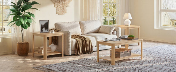 English Elm Arc Corner Oak Coffee Table with Open Shelf Wave Grain Legs Modern Living Room Accent W5563P449955