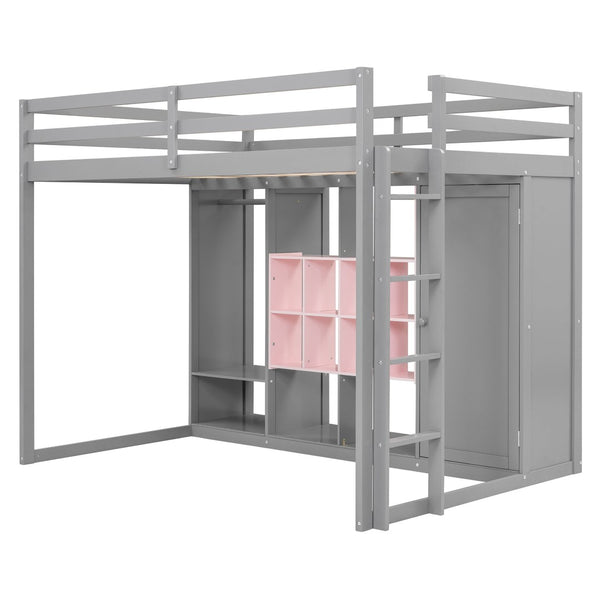 English Elm Twin Loft Bed with Wardrobe Shelves and Cabinet Kids Bedroom Wood Storage Frame Pink+Grey N708S00024E
