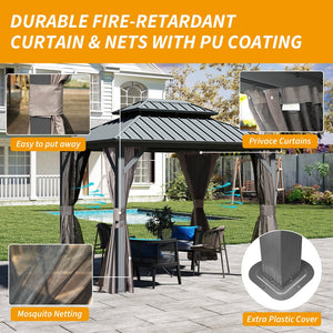 English Elm 8' Hardtop Gazebo 8x10 Aluminum Pavilion with Double Roof, Curtains & Netting for Outdoor Events Grey W1859S00148