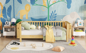 English Elm Twin Solid Pine Platform Bed with Guardrail for Kids, Low-Profile Twin Frame Durable 250LB Capacity W2593P367051