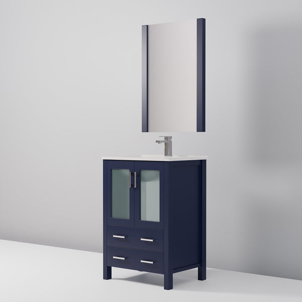 English Elm Navy Bath Vanity 24"W x18.25"D with White Ceramic Top, Chrome Faucet & 22"x32" Mirror, Durable Finish B2731S01284