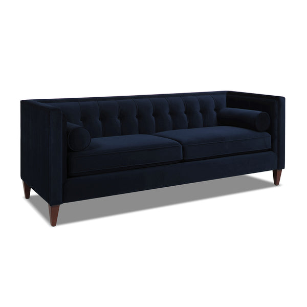 English Elm Jennifer Taylor Home - Jack 84" Modern Tuxedo Tufted Sofa in Plush Velvet with Shelter Arms, Reversible Cushions, Pillows Dark Navy B2719P238407