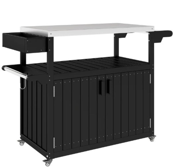 English Elm Convenient Outdoor Rolling Bar Cart with Stainless Steel Top and Hdpe Weather-proof Frame Black And Silver T3971P425208