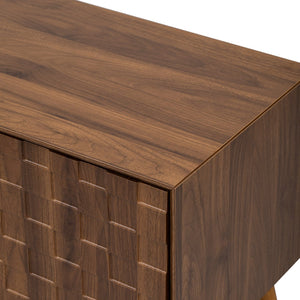 English Elm 70" Mid-Century Modern TV Stand with Lattice Wood Grain, 3 Cabinets & 4 Open Shelves, Walnut Elegance N710P222773P