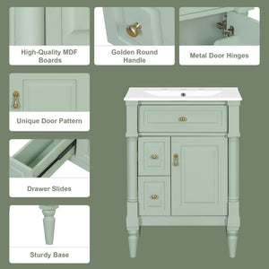 English Elm 24 Inch Freestanding Vanity with Ceramic Sink Rubberwood Frame Matte Finish Storage Green N725P356058F