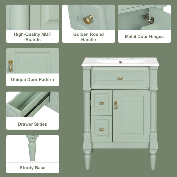 English Elm 24 Inch Freestanding Vanity with Ceramic Sink Rubberwood Frame Matte Finish Storage Green N725P356058F