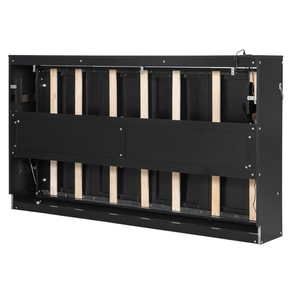 English Elm Twin-size Murphy Wall Bed with Led Lighting Usb Outlet and Decorative Printed Panel Black LP000355AAB