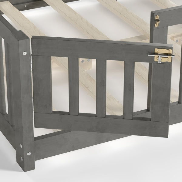 English Elm Twin Floor Bed Solid Pine Frame with Guardrails and Door for Safe Kid Sleep W1580P433578