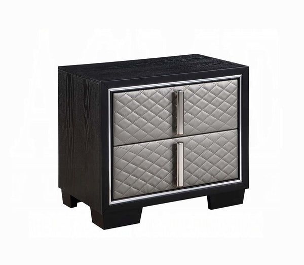 English Elm Silver Diamond Quilted 2-Drawer Nightstand with Chrome Accents, Black Finish, Spacious Top & Storage B062P209013