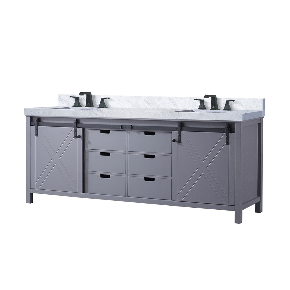 English Elm Dark Grey 84in Double Bath Vanity with Carrara Marble Countertop, Matte Black Faucet, Soft-Close Drawers B2731P260169