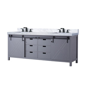 English Elm Dark Grey 84in Double Bath Vanity with Carrara Marble Countertop, Matte Black Faucet, Soft-Close Drawers B2731P260169