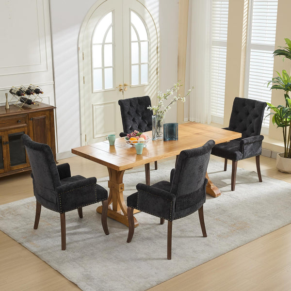 English Elm Upholstered Chenille Dining Chair with Hand-Tufted Back, Curved Solid Wood Legs, Comfortable Armseat Black W1143P346928