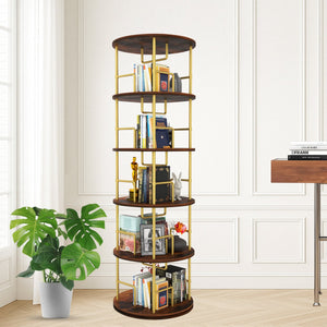English Elm 5 Tier Rotating Bookshelf Tower with 360° Spin, Space-Saving Corner Display, Modern MDF Storage Unit Golden W3204P354235