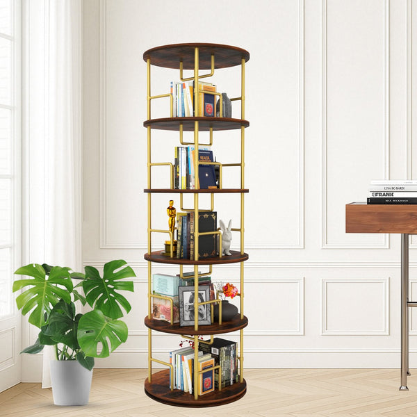 English Elm 5 Tier Rotating Bookshelf Tower with 360° Spin, Space-Saving Corner Display, Modern MDF Storage Unit Golden W3204P354235