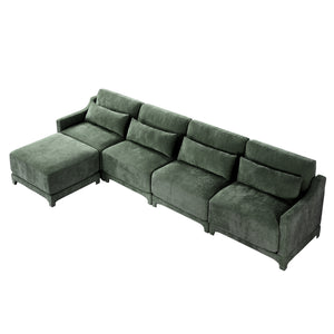 English Elm Four-Seater Sofa With Movable Ottoman - Elegant Green Chenille, Ergonomic Design & Easy Assembly W714S01221