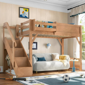 English Elm Twin Low Loft Bed Solid Pine Frame Kids Study Desk Blackboard Storage White Antique Natural W1580S00553