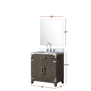 English Elm Brown Oak Single Sink Vanity Set With Carrara Marble Top, Chrome Faucet & 28" Mirror For Elegance B2731S02002